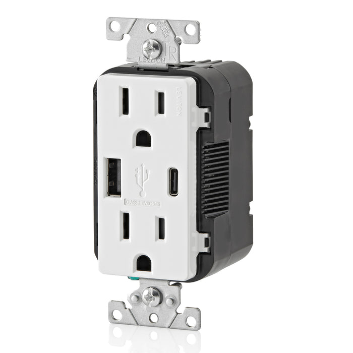 Leviton Decora 18W USB-A/C Wall Outlet, 15A TR Receptacle, Wallplate not included, BAC15-W White