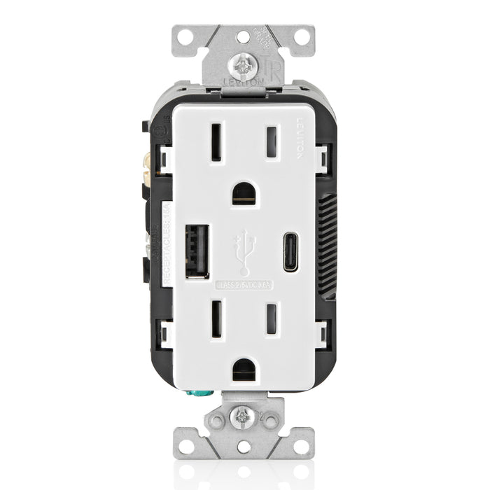 Leviton Decora 18W USB-A/C Wall Outlet, 15A TR Receptacle, Wallplate not included, BAC15-W White
