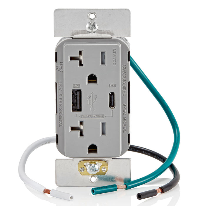 Leviton Decora 60W USB-A/C PD Wall Outlet, 20A TR Receptacle, Wallplate not included, AC2P6-E Black