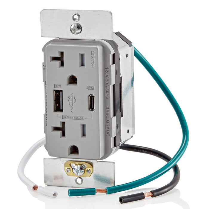 Leviton Decora 60W USB-A/C PD Wall Outlet, 20A TR Receptacle, Wallplate not included, AC2P6-E Black