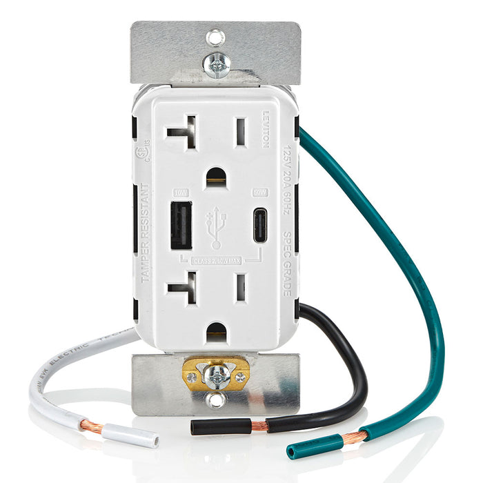 Leviton Decora 60W USB-A/C PD Wall Outlet, 20A TR Receptacle, Wallplate not included, AC2P6-W White