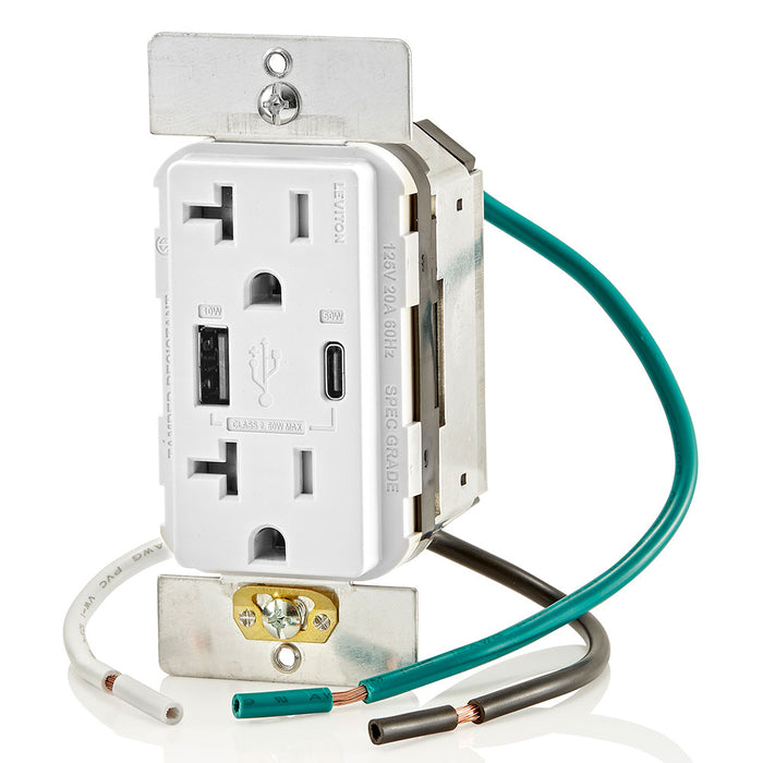 Leviton Decora 60W USB-A/C PD Wall Outlet, 20A TR Receptacle, Wallplate not included, AC2P6-W White