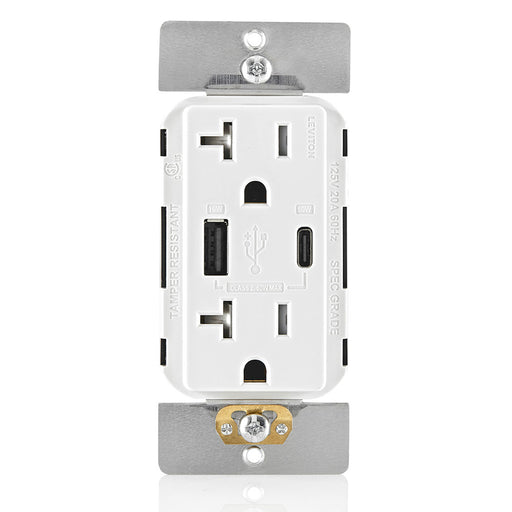 Leviton Decora 60W USB-A/C PD Wall Outlet, 20A TR Receptacle, Wallplate not included, AC2P6-W White