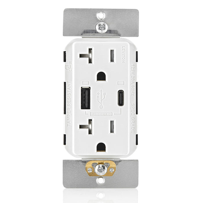 Leviton Decora 60W USB-A/C PD Wall Outlet, 20A TR Receptacle, Wallplate not included, AC2P6-W White