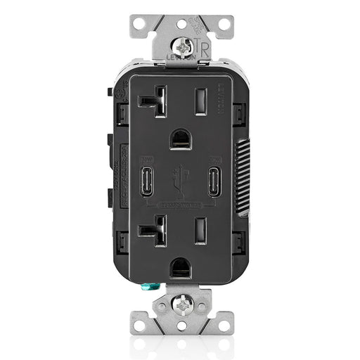 Leviton Decora 30W USB-C PD Wall Outlet, 20A TR Receptacle, Wallplate not included, CC2P3-E Black