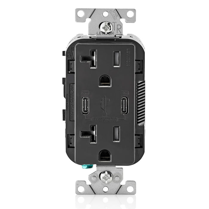 Leviton Decora 30W USB-C PD Wall Outlet, 20A TR Receptacle, Wallplate not included, CC2P3-E Black
