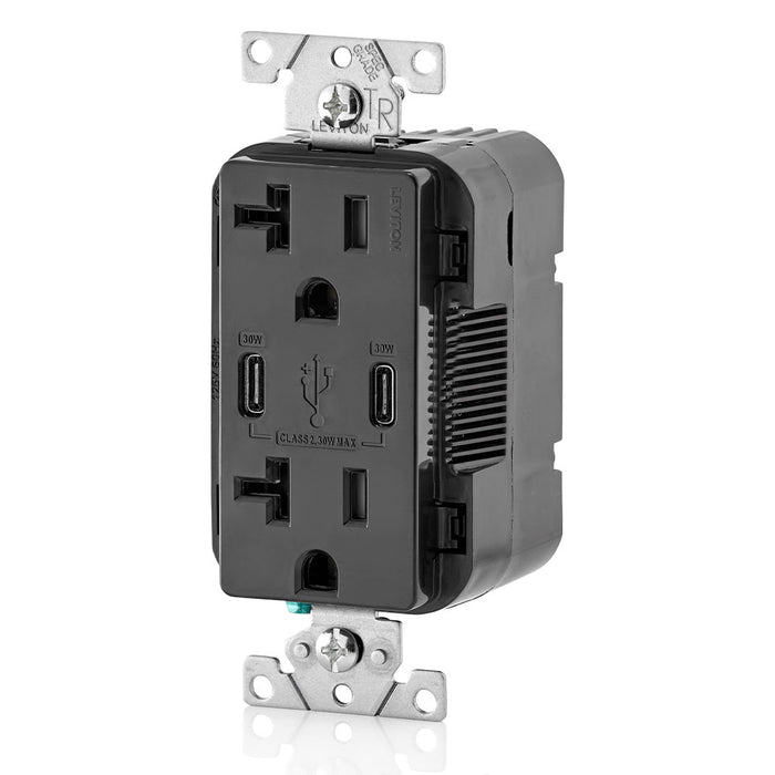 Leviton Decora 30W USB-C PD Wall Outlet, 20A TR Receptacle, Wallplate not included, CC2P3-E Black