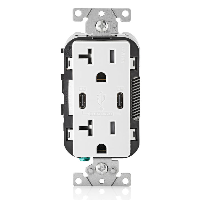 Leviton Decora 30W USB-C PD Wall Outlet, 20A TR Receptacle, Wallplate not included, CC2P3-W White
