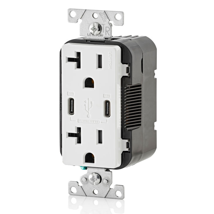 Leviton Decora 30W USB-C PD Wall Outlet, 20A TR Receptacle, Wallplate not included, CC2P3-W White