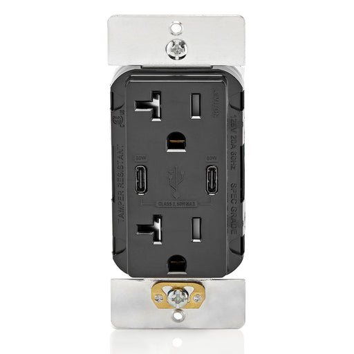 Leviton Decora 60W USB-C PD Wall Outlet, 20A TR Receptacle, Wallplate not included, CC2P6-E Black