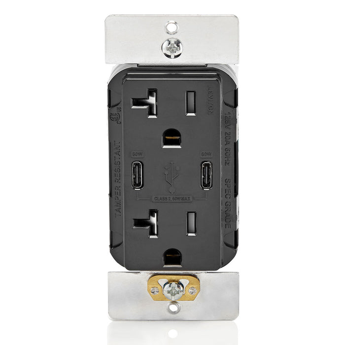 Leviton Decora 60W USB-C PD Wall Outlet, 20A TR Receptacle, Wallplate not included, CC2P6-E Black