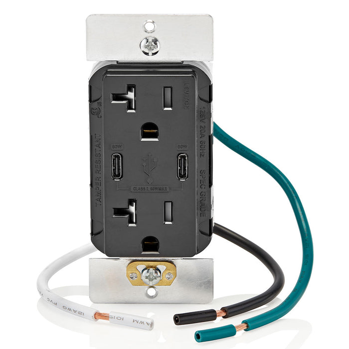 Leviton Decora 60W USB-C PD Wall Outlet, 20A TR Receptacle, Wallplate not included, CC2P6-E Black