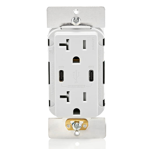 Leviton Decora 60W USB-C PD Wall Outlet, 20A TR Receptacle, Wallplate not included, CC2P6-W White