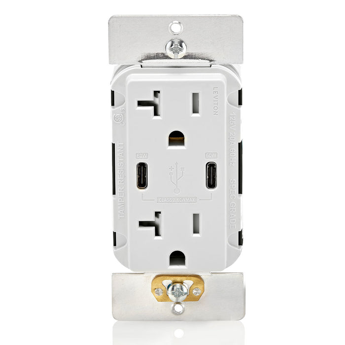 Leviton Decora 60W USB-C PD Wall Outlet, 20A TR Receptacle, Wallplate not included, CC2P6-W White