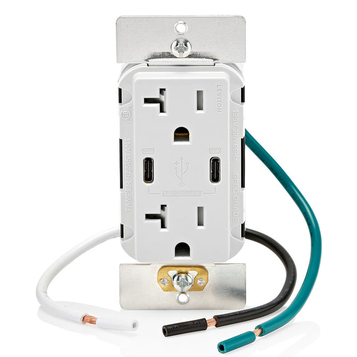 Leviton Decora 60W USB-C PD Wall Outlet, 20A TR Receptacle, Wallplate not included, CC2P6-W White