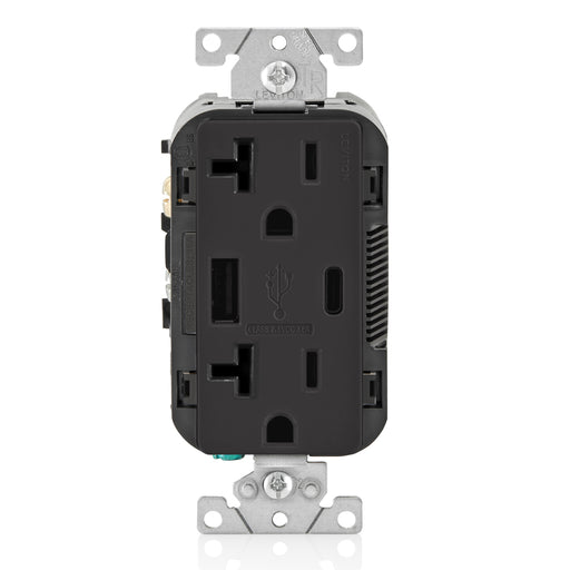 Leviton Decora 18W USB-A/C Wall Outlet, 20A TR Receptacle, Wallplate not included, BAC20-E Black