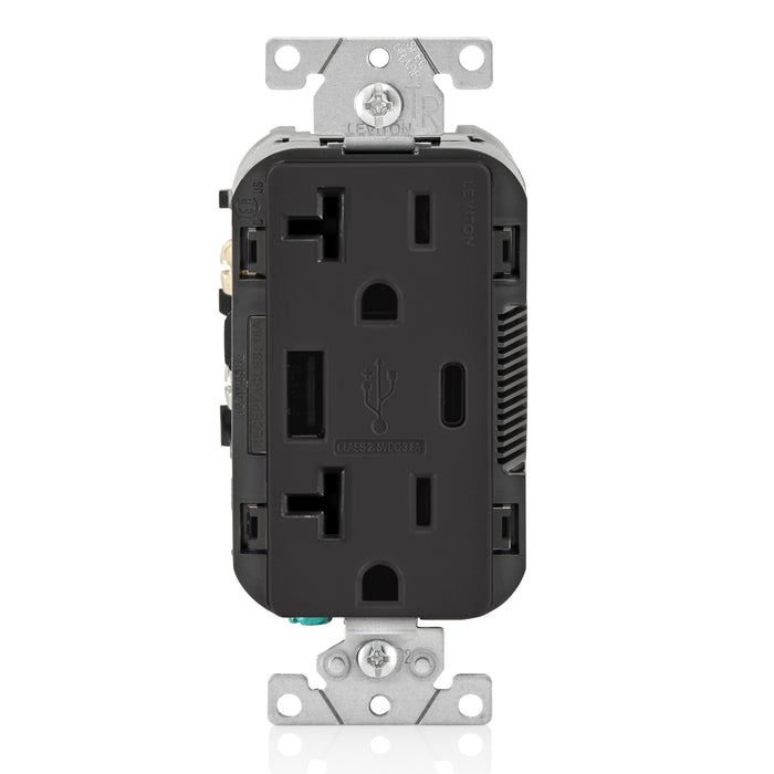 Leviton Decora 18W USB-A/C Wall Outlet, 20A TR Receptacle, Wallplate not included, BAC20-E Black