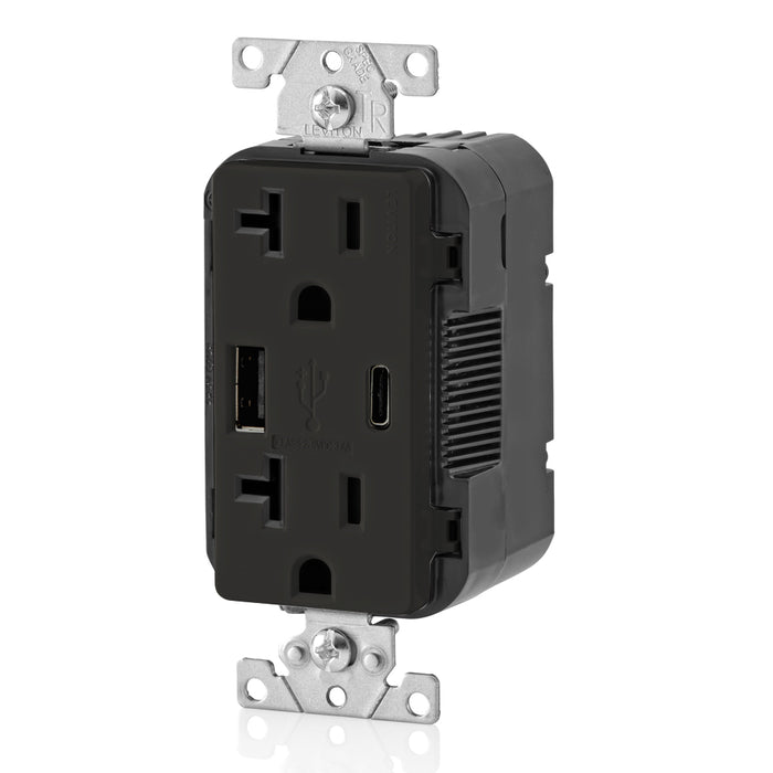 Leviton Decora 18W USB-A/C Wall Outlet, 20A TR Receptacle, Wallplate not included, BAC20-E Black