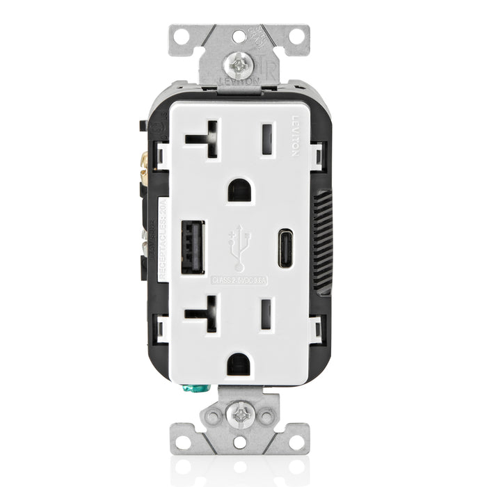 Leviton Decora 18W USB-A/C Wall Outlet, 20A TR Receptacle, Wallplate not included, BAC20-W White