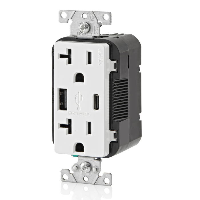 Leviton Decora 18W USB-A/C Wall Outlet, 20A TR Receptacle, Wallplate not included, BAC20-W White
