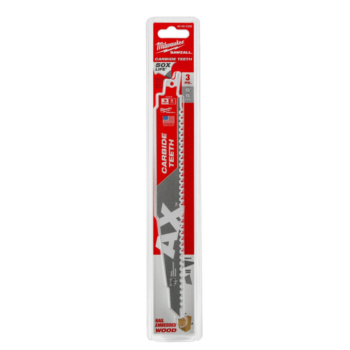 Milwaukee 9" 5 TPI AX™ with Carbide Teeth for Wood with Nails SAWZALL® Blade (3 PK)
