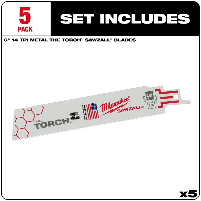 Milwaukee 6" 14 TPI TORCH™ SAWZALL® Blade for Medium Metal (5 PK)