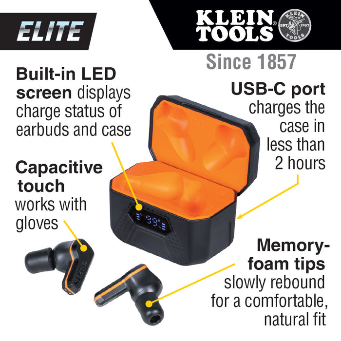 Klein Tools Elite Bluetooth Jobsite Earbuds, Model AESEB2