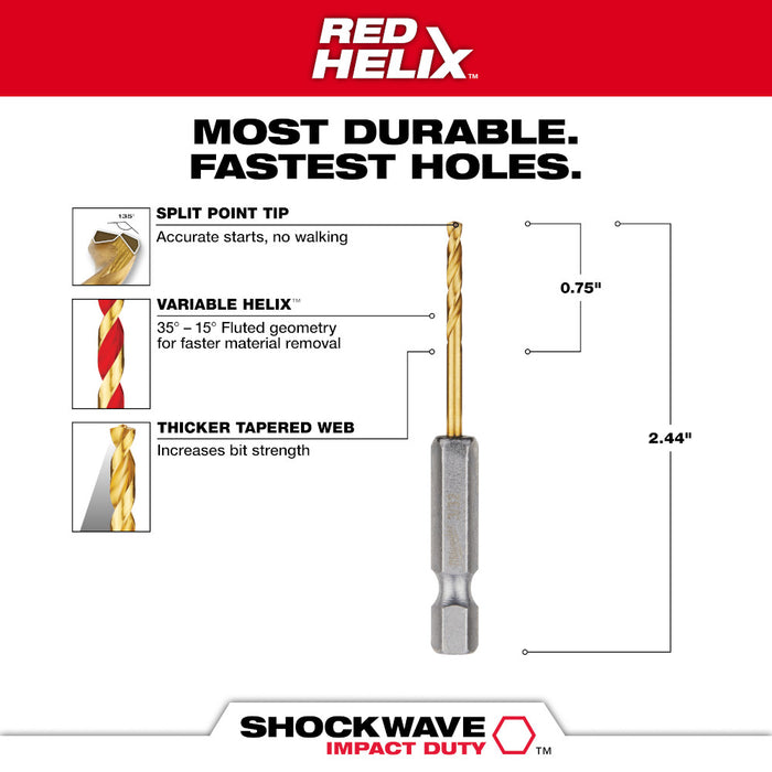 Milwaukee 3/32" SHOCKWAVE™ Impact Duty RED HELIX™ Titanium Drill Bit