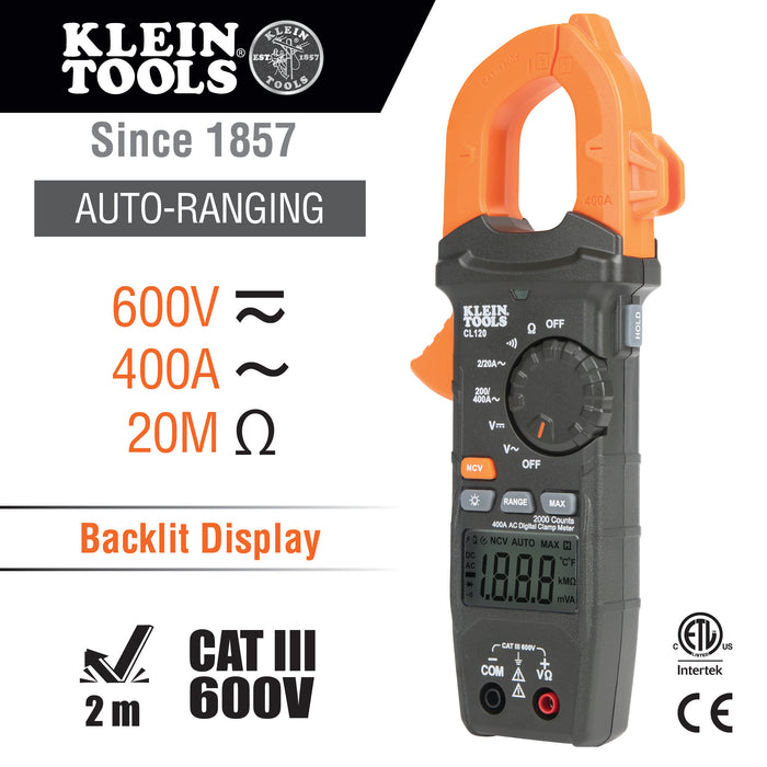 Klein Tools Digital Clamp Meter, AC Auto-Ranging 400 Amp, Model CL120*