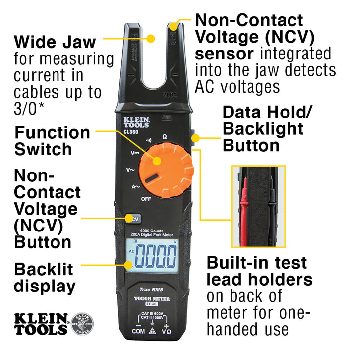 Klein Tools Electrical Tester, Open Jaw Fork Meter, AC Auto-Ranging 200 Amp, Model CL360*