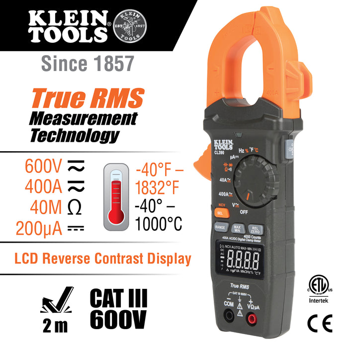 Klein Tools AC/DC Digital Clamp Meter, Auto-Ranging 400 Amp, Model CL390*