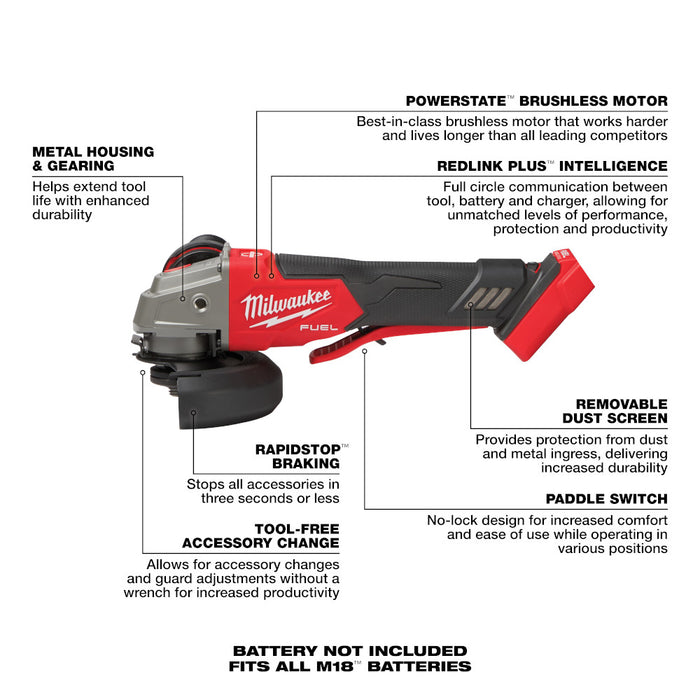 Milwaukee M18 FUEL™ 4-1/2" / 5" Variable Speed Braking Grinder, Paddle Switch No-Lock