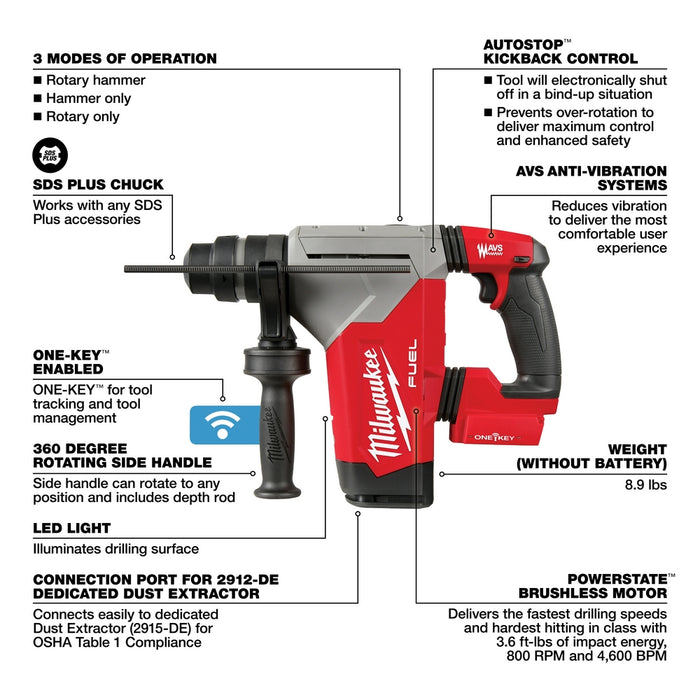 Milwaukee M18 FUEL™ 1-1/8" SDS Plus Rotary Hammer w/ ONE-KEY™