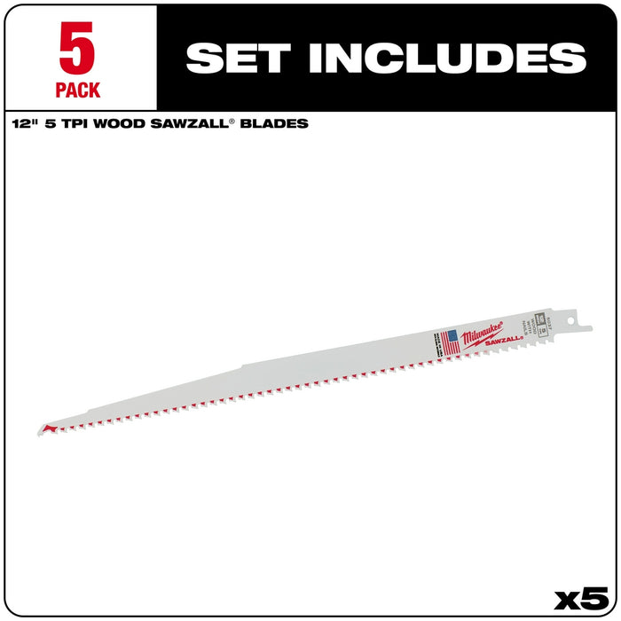 Milwaukee 12" 5TPI Sawz Blades (5Pk)