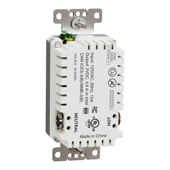 Schneider Electric Usb A/A 4.8A Chargr Tr Duplx 15A Recp Gy