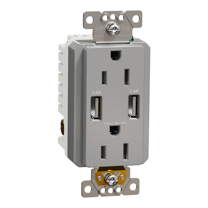 Schneider Electric Usb A/A 4.8A Chargr Tr Duplx 15A Recp Gy