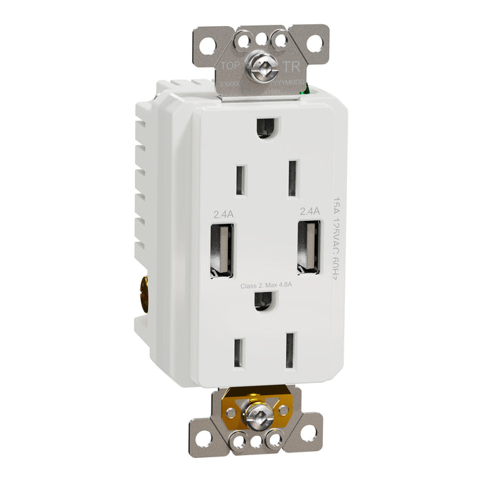 Schneider Electric Usb A/A 4.8A Chargr Tr Duplx 15A Recp Wh