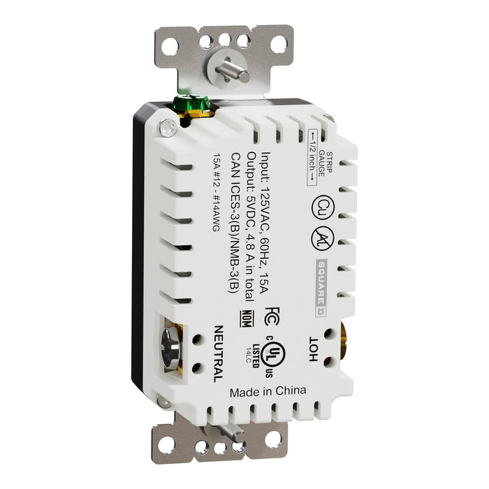 Schneider Electric Usb A/A 4.8A Chargr Tr Duplx 15A Recp Bk