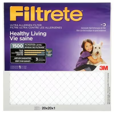 3M Filtrete MPR 1500 Healthy Living Ultra Allergen Filter, 20 in x 20 in x 1 in, Model 2003DC-6-C