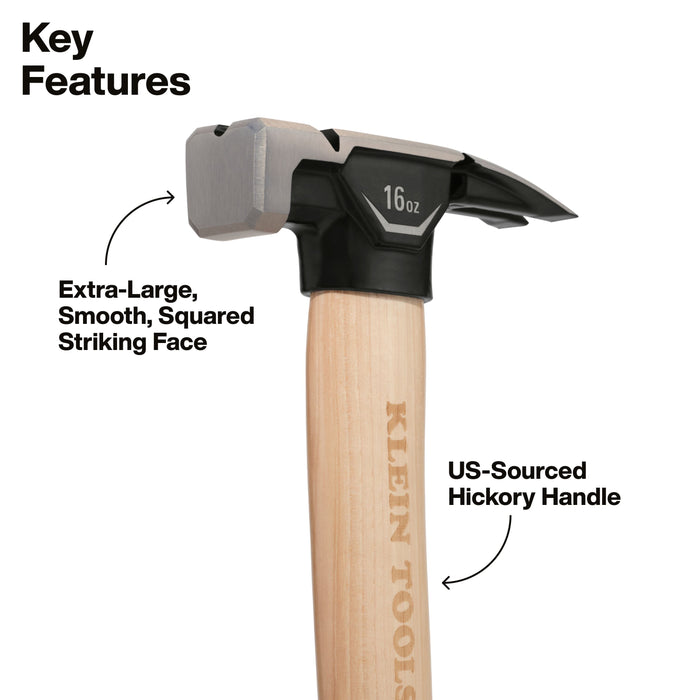 Klein Tools Smooth Face Hickory Handle Hammer, 16-Ounce
