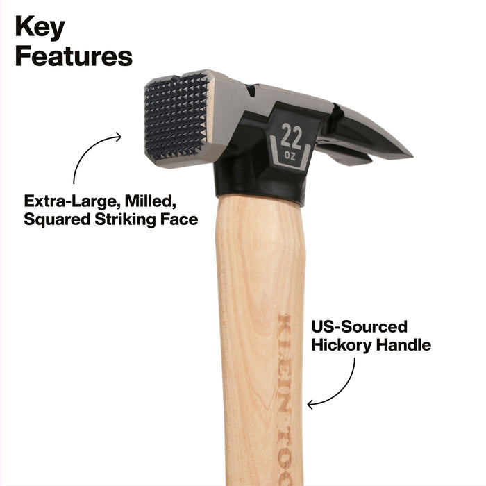Klein Tools Milled Face Hickory Handle Hammer, 22-Ounce
