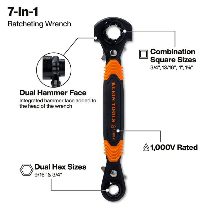 Klein Tools 7-in-1 Hammer Facing Insulated Lineman Wrench