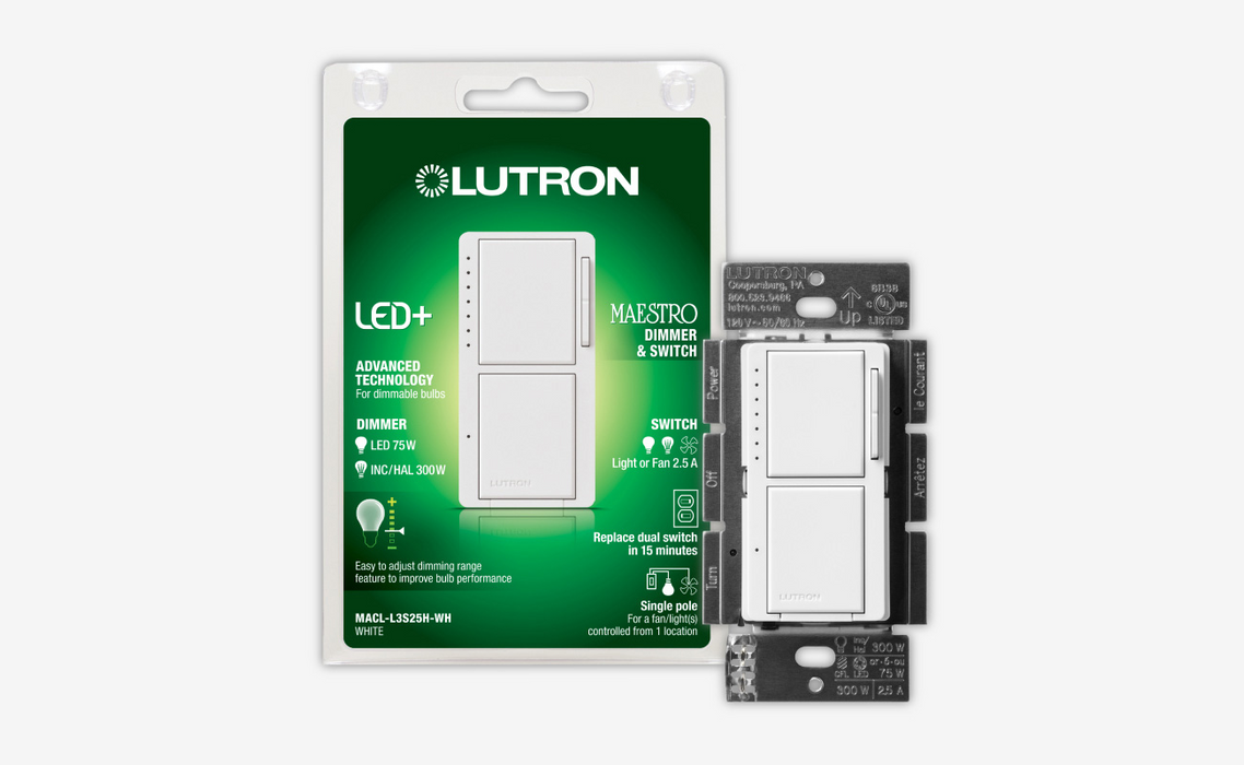 Lutron Maestro LED+ Dimmer & Switch combo, White, Model MACL-L3S25-WH