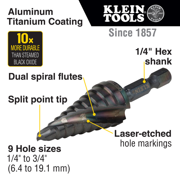 Klein Tools Step Drill Bit, Quick Release, Spiral Flute, 1/4 to 3/4-Inch, Model QRST03*