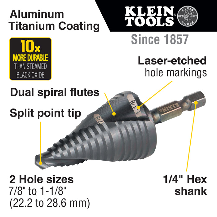 Klein Tools Step Drill Bit, Quick Release, Spiral Flute, 7/8 to 1-1/8-Inch, Model QRST11*