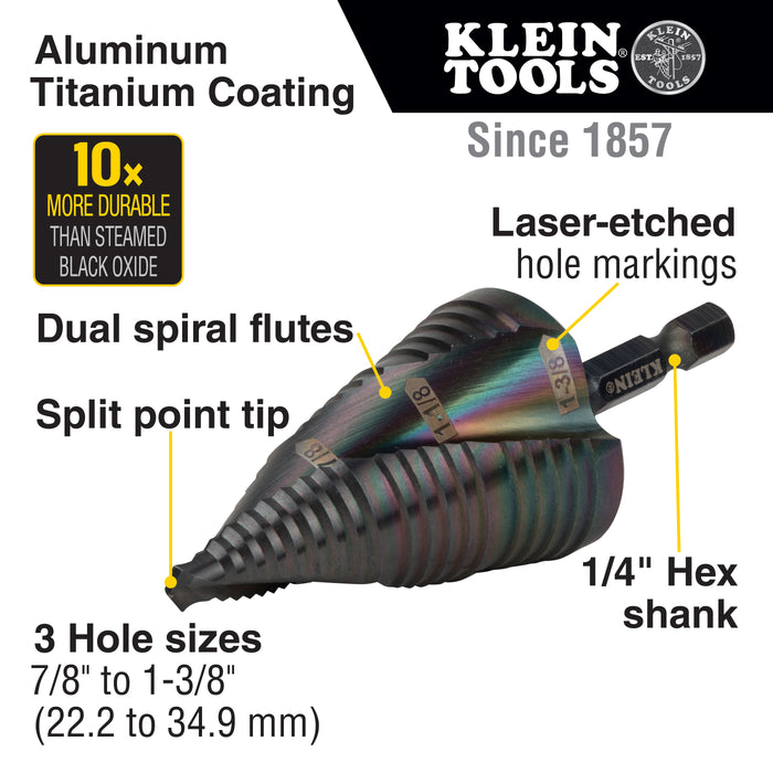 Klein Tools Step Drill Bit, Quick Release, Spiral Flute, 7/8 to 1-3/8-Inch, Model QRST15*