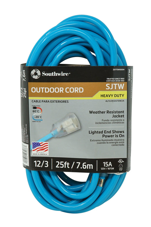 Southwire 25ft, 12/3 SJTW Cool Blue Extension Cord W/Lighted End, Model 2577SW000H - Orka
