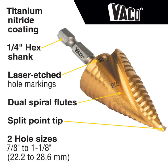 Klein Tools Step Drill Bit, Spiral Double-Fluted, 7/8 Inch to 1-1/8 Inch, VACO, Model 25961*