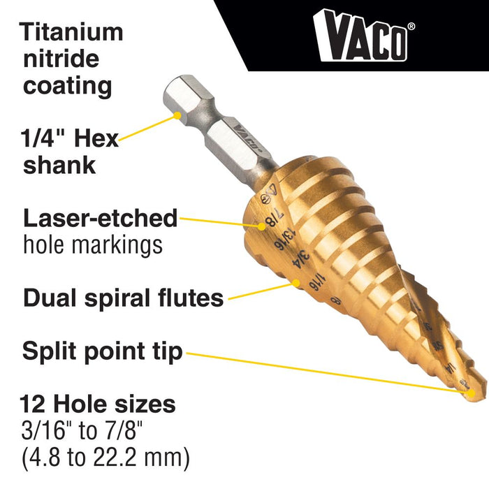 Klein Tools Step Drill Bit, Spiral Double-Fluted, 3/16 Inch to 7/8 Inch, VACO, Model 25962*