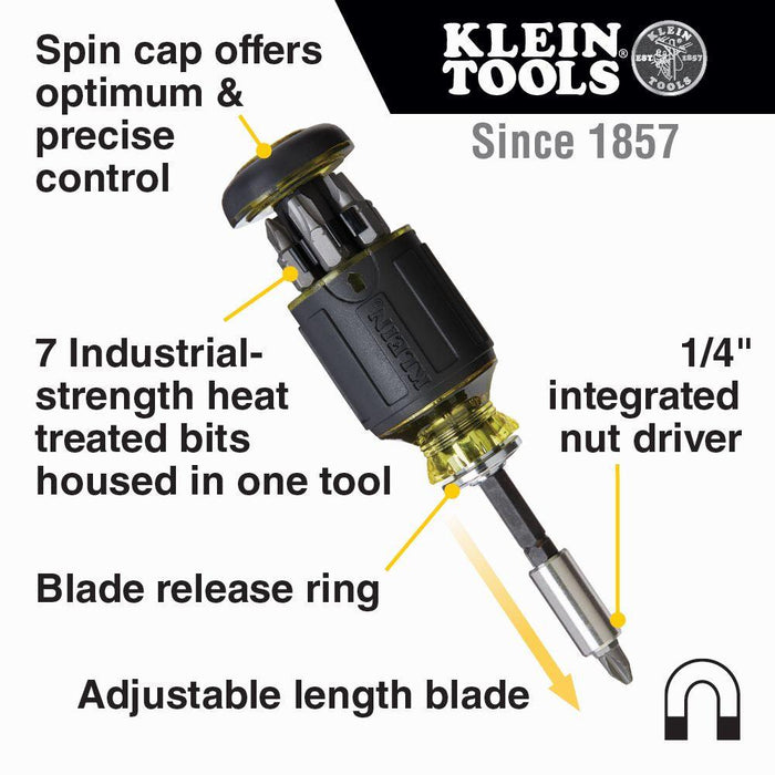 Klein Tools 8-in-1 Multi-Bit Adjustable Length Stubby Screwdriver, Model 32308 - Orka
